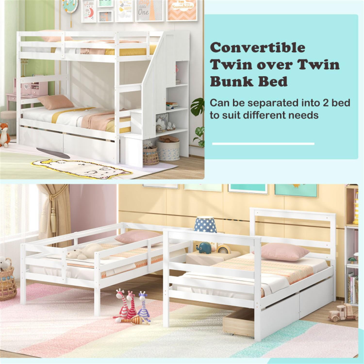 Demi Bonn Twin Over Twin Bunk Bed with Storage Stairs and Drawers, Solid Wood Bunkbeds Frame for Bedroom, No Box Spring Needed, White