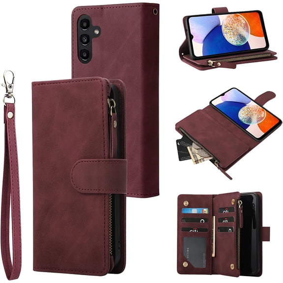 Compatible with Galaxy A14 5G Wallet Case, Premium PU Leather Zipper Folio RFID Blocking with Card Slot Wrist Strap Magnetic Closure Built-in Kickstand Protective Case (Wine Red)