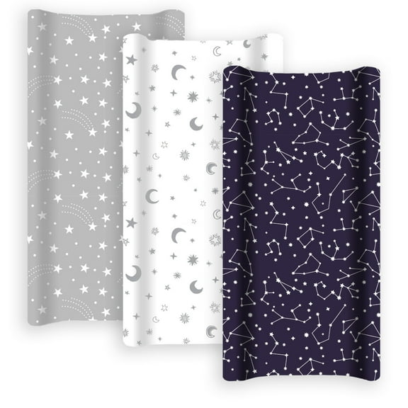 GROW WILD Changing Pad Cover 3 Pack | Soft & Stretchy Jersey Cotton | Baby Changing Table Pad Cover | Gray Diaper Changing Pad Covers for Girls or Boys | Wipeable Sheets | Stars & Moons