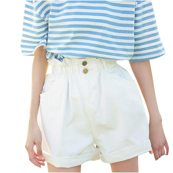 IROINNID Women's Casual High Waist Elastic Waist Wide Leg Solid Denim Shorts