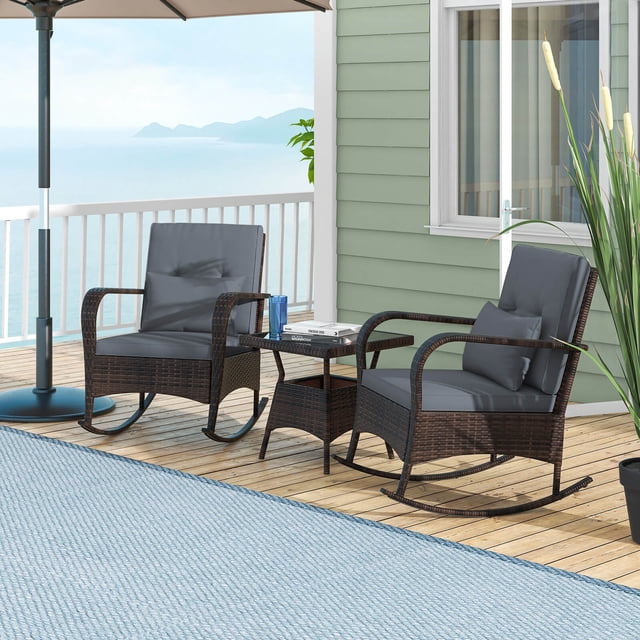 Costway 3 PCS Rocking Bistro Set with Removable Cushions & Tempered Glass Top Coffee Table Grey