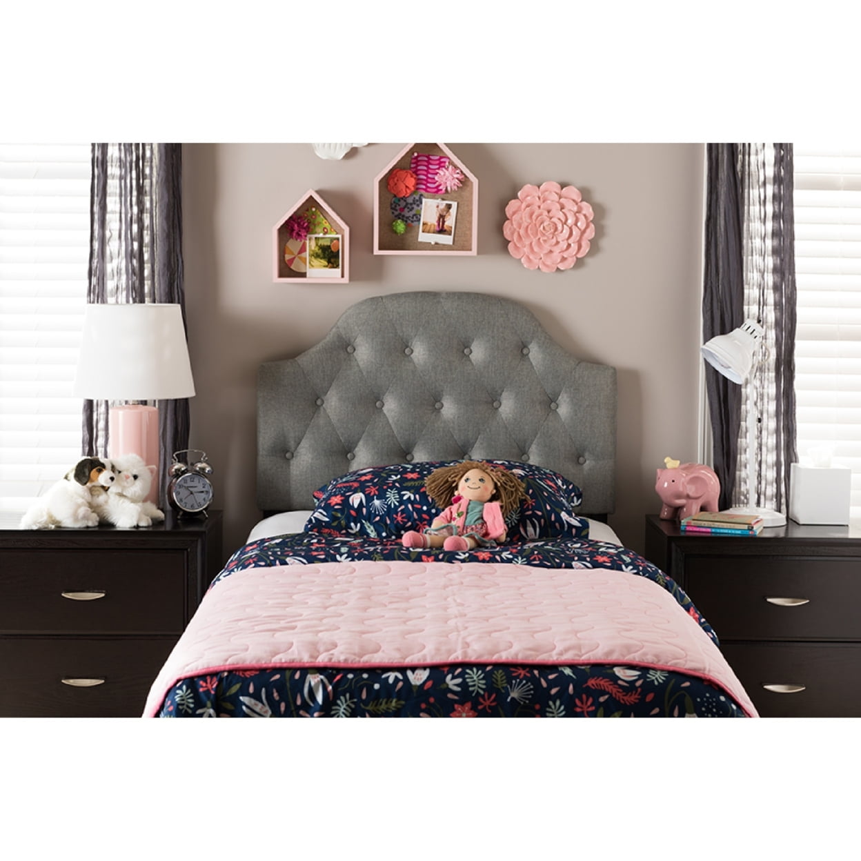 Baxton Studio Morris Modern and Contemporary Grey Fabric Upholstered Button-Tufted Scalloped Twin Size