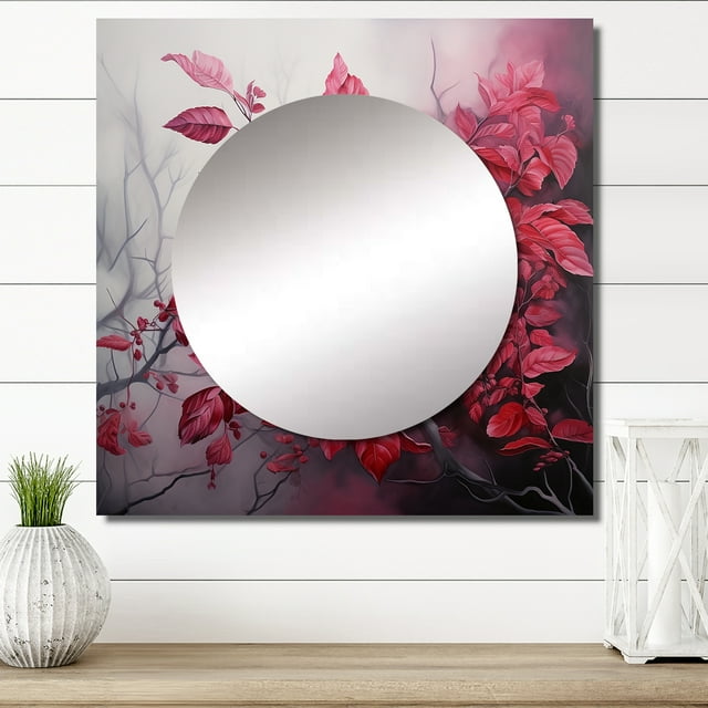 Designart "Charm of Leaves in a Moody Overcast II" Leaves Square Mirror For Wall Decor - Large Red Square Printed Wall Mirror Art - Square Traditional Mirror - Wall Mounted Square Large Mirror