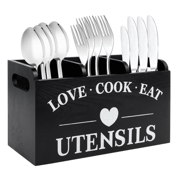AEVXKHI 3-Compartment Wooden Utensil Holder, Sturdy Silverware Caddy, Kitchen Flatware Organizer with Handles, Utensil Crock for Dining Table Countertop