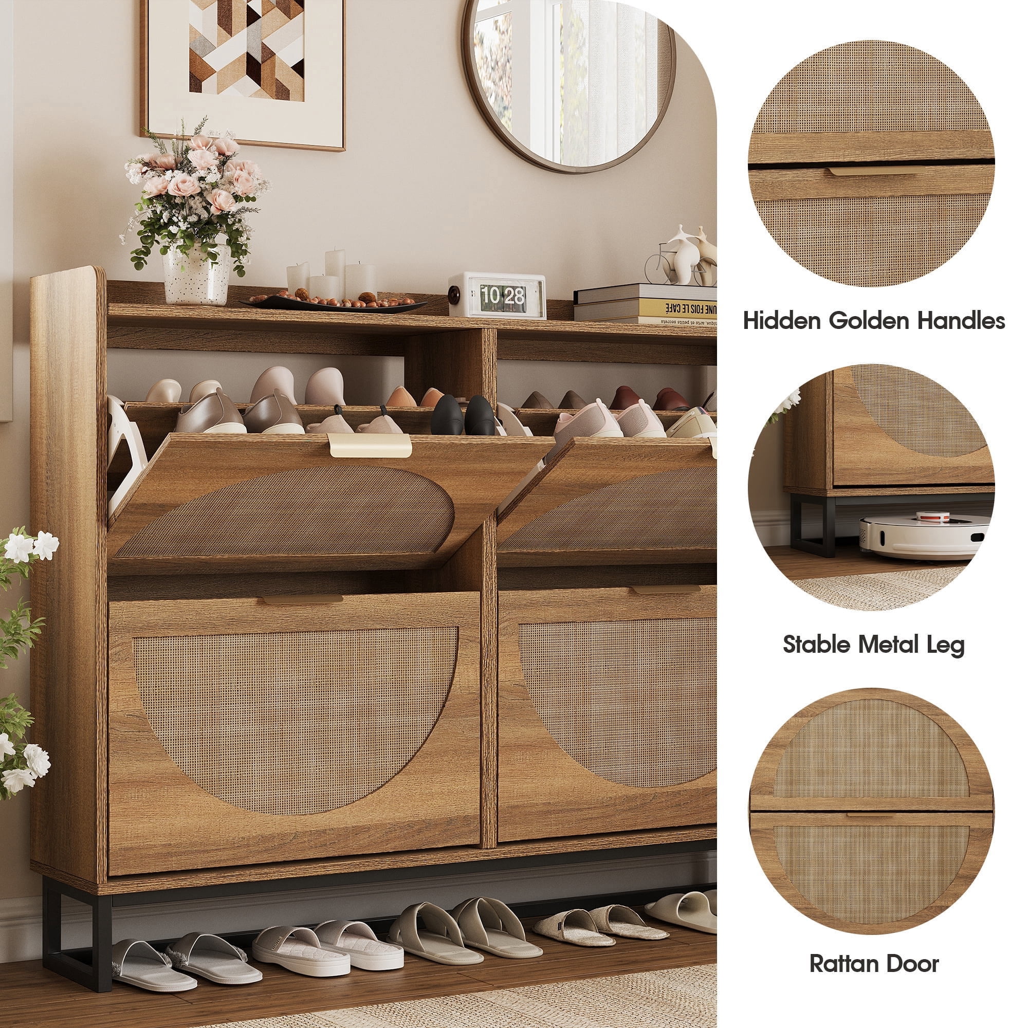 Veanerwood Rattan Shoe Cabinet, 4 Flip Drawers, 40 Pair Storage