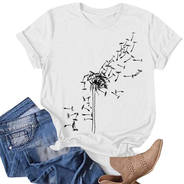 T-shirts d'Été pour Femmes à Col Rond, T-Shirt Imprimé Pissenlit, T-Shirt Décontracté à Manches Courtes, Hauts pour Femmes, Chemisiers, Chandail