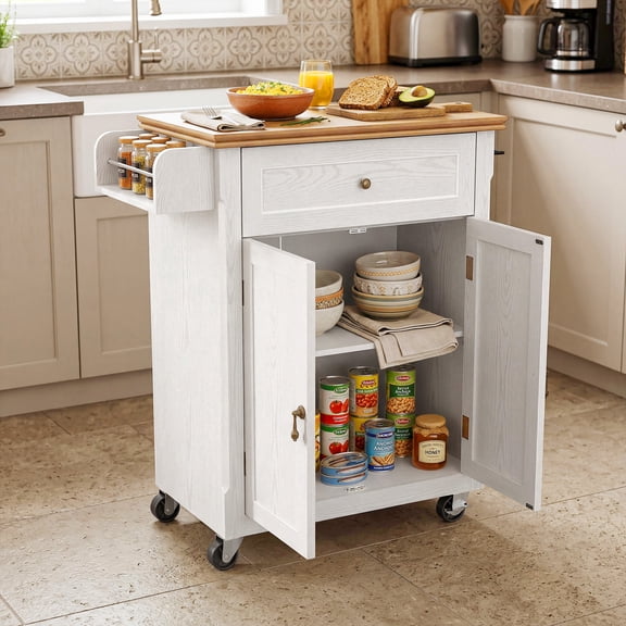 CBJCBJ Kitchen Islands Cart on Wheels with Storage, Wood Microwave Table with Drawers and Spice Box , for Dining Room,White