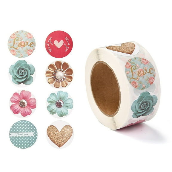 1roll 3D Flower & Heart Pattern Roll Stickers Self-Adhesive Paper Gift Tag Stickers for Party Decorative Presents Mixed color 6.3x2.85cm