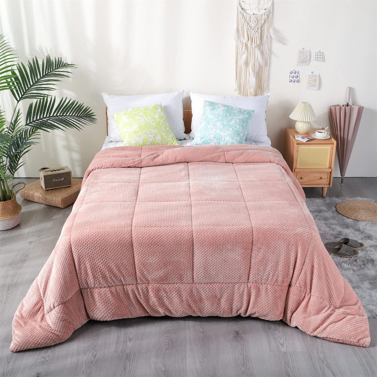 DOMDEC Luxury Flannel Fleece Comforter with Plush Sherpa Back - Faux Fur Blanket, Winter Warmth, Rose Pink Queen Size 90x90 Inches