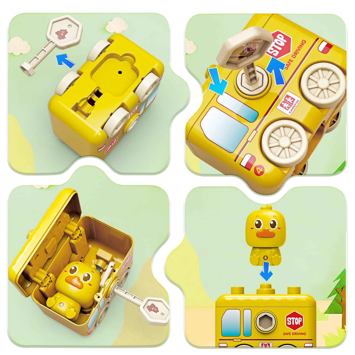 Carsky Montessori Train Toy with Lights & Music, 5-in-1 Vehicle Set w/ Keys, Numbers & Shapes Matching, Finger Puppet Animals&Stackable Cars, Educational Toy Christmas Train Gift for Toddlers 2-5