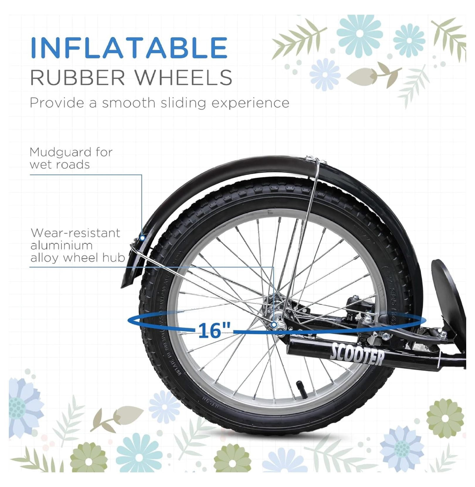 Youth Kick Scooter with Adjustable Handlebars, Double Brakes and Inflatable Rubber Tires, 16 Inch