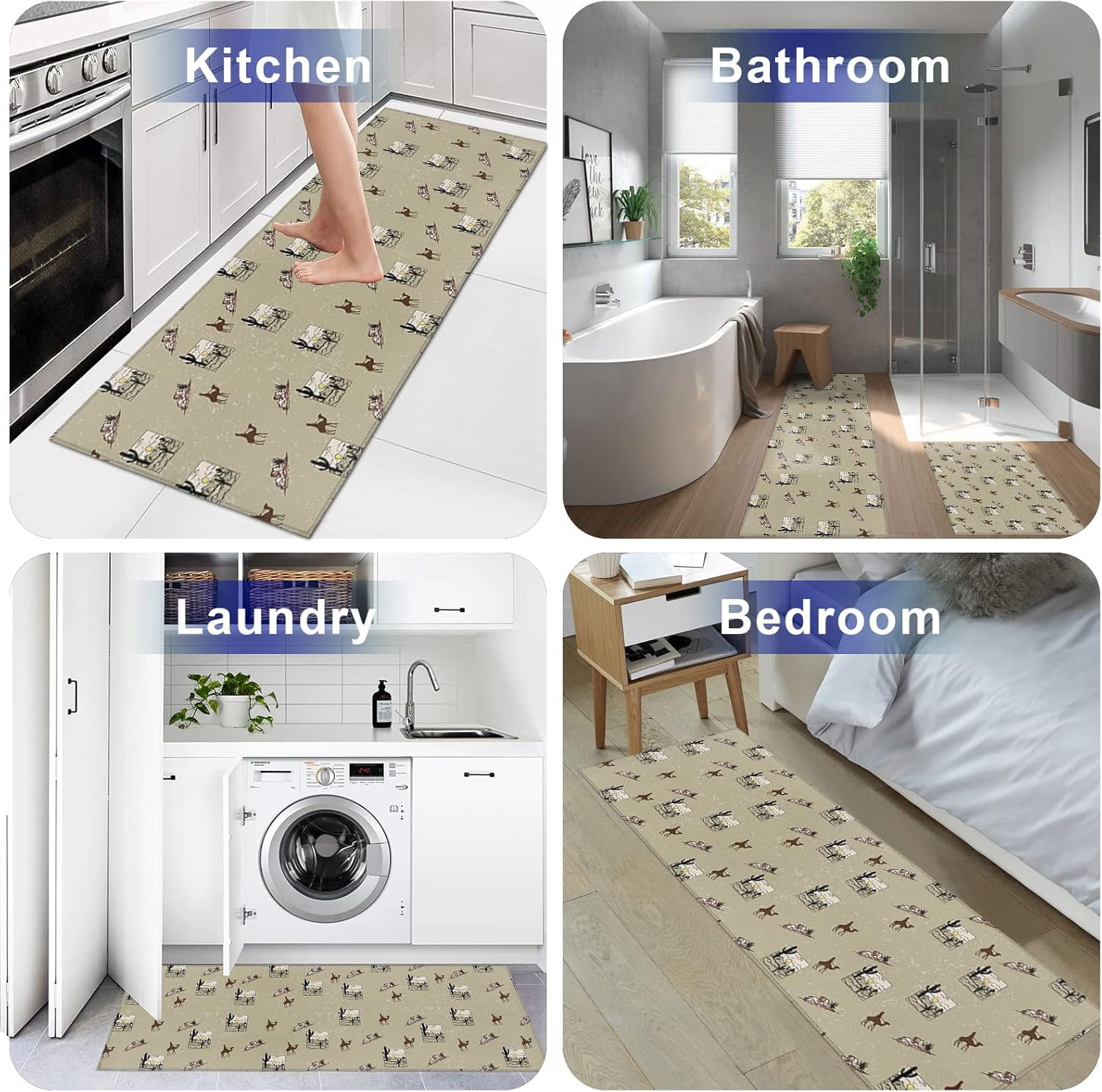 Kitchen Rugs and Mats Set of 2, Desert Theme Camel Mountain and Cactus Plant Non-Slip Floor Doormat Comfort Area Runner Rug and Mat, Tropical Botanical Indoor Entrance Carpet Home Decor