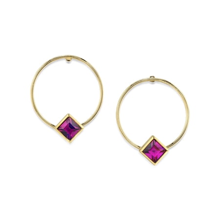 1928 Jewelry 14K Gold Dipped Diamond Shape Crystal Hoop Stainless Steel Post Earrings (Purple)