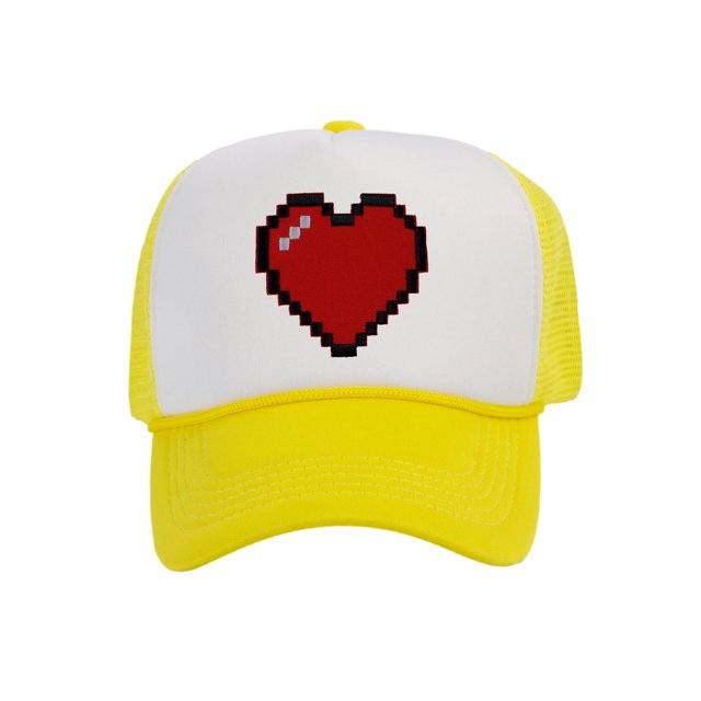 Men's 80's Retro Large 8 Bit Pixelated Heart Gamer Trucker Hat, White/Yellow