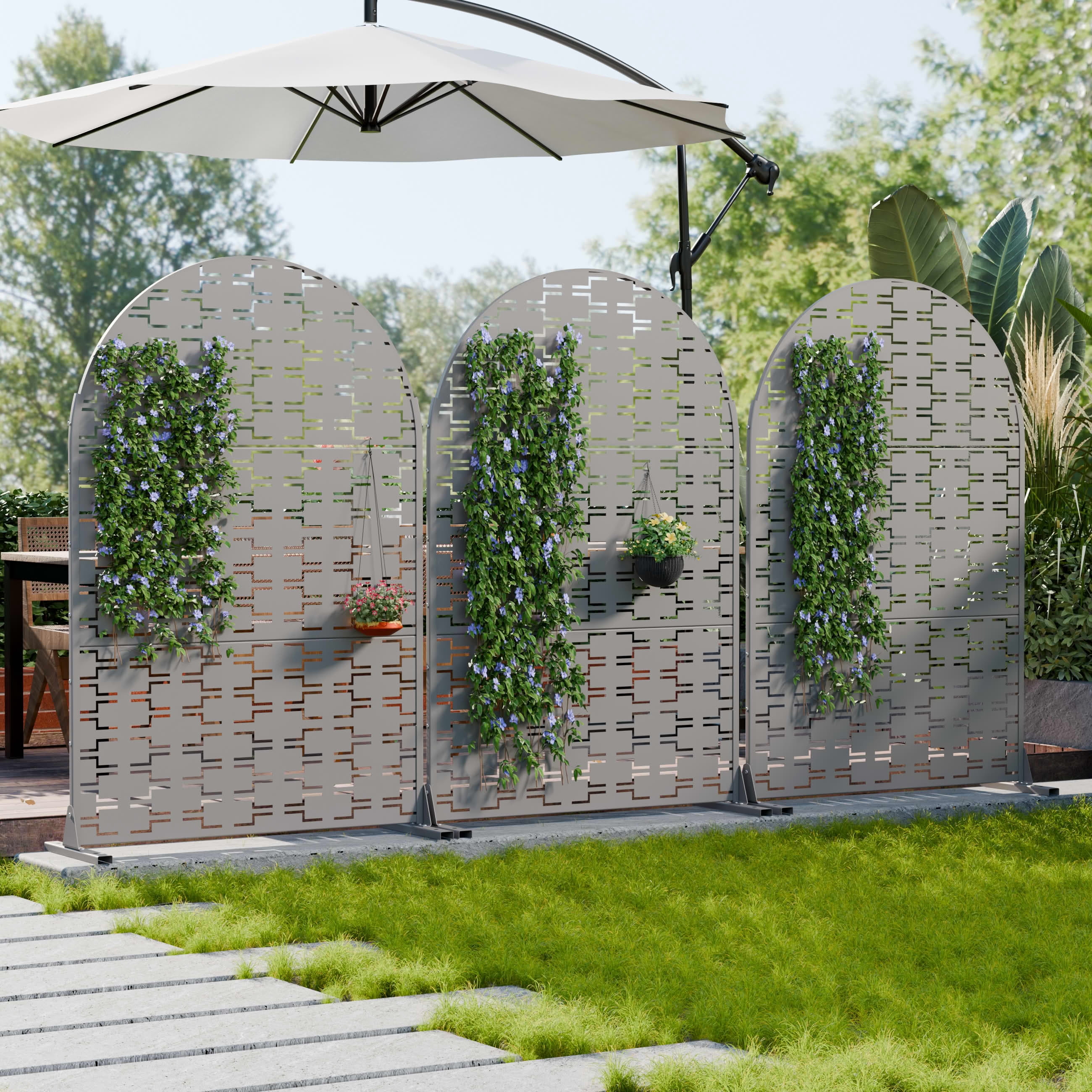 MAYEERTY Outdoor Metal Privacy Screen 6ft × 4ft Gray, 3-Panel Brick Pattern Decorative Screen for Garden