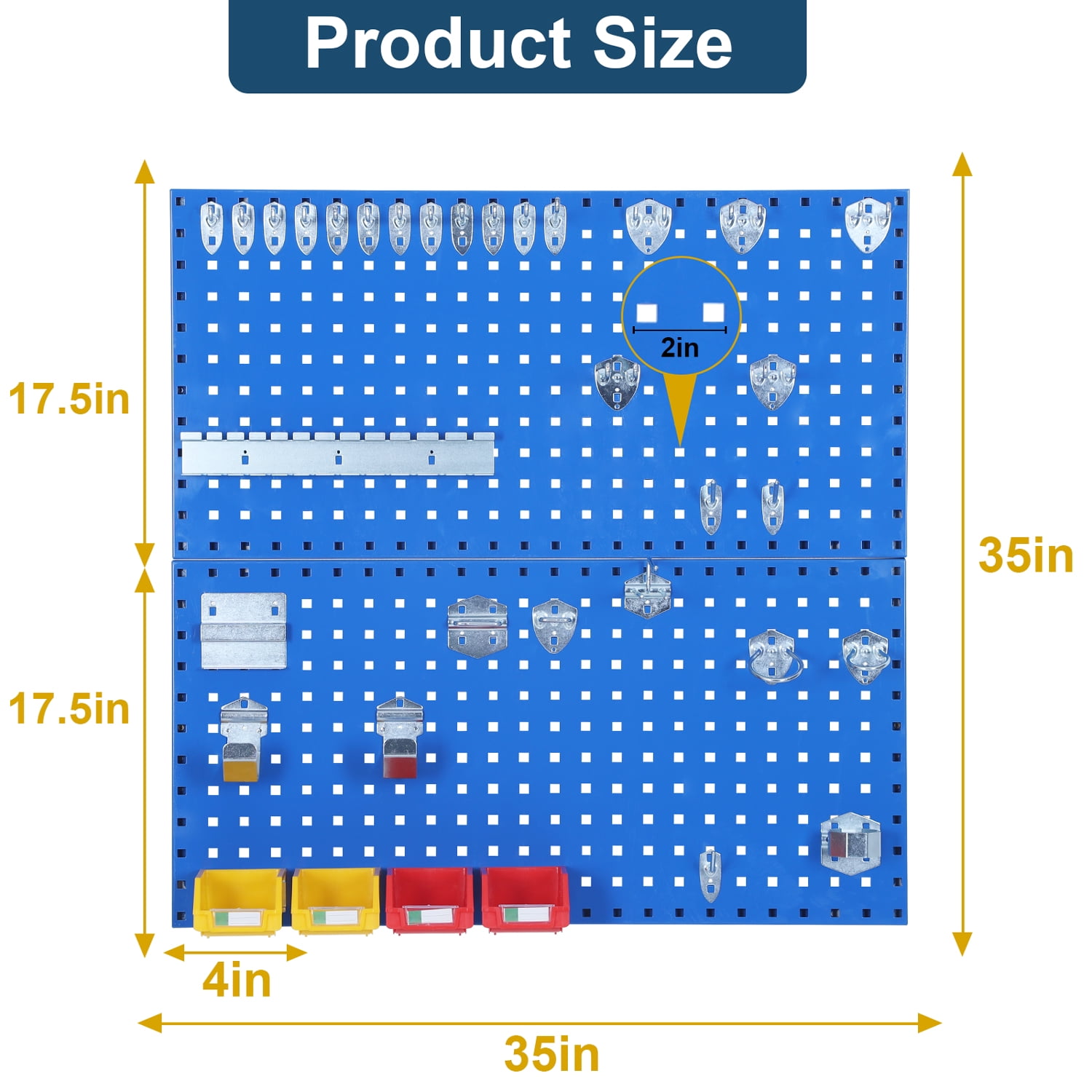 2 PCS Metal Pegboard Panel Set (35"x17.5"), Heavy-Duty Wall Mount Tool Organization System with Hooks & Storage Bins for Garage, Workshop