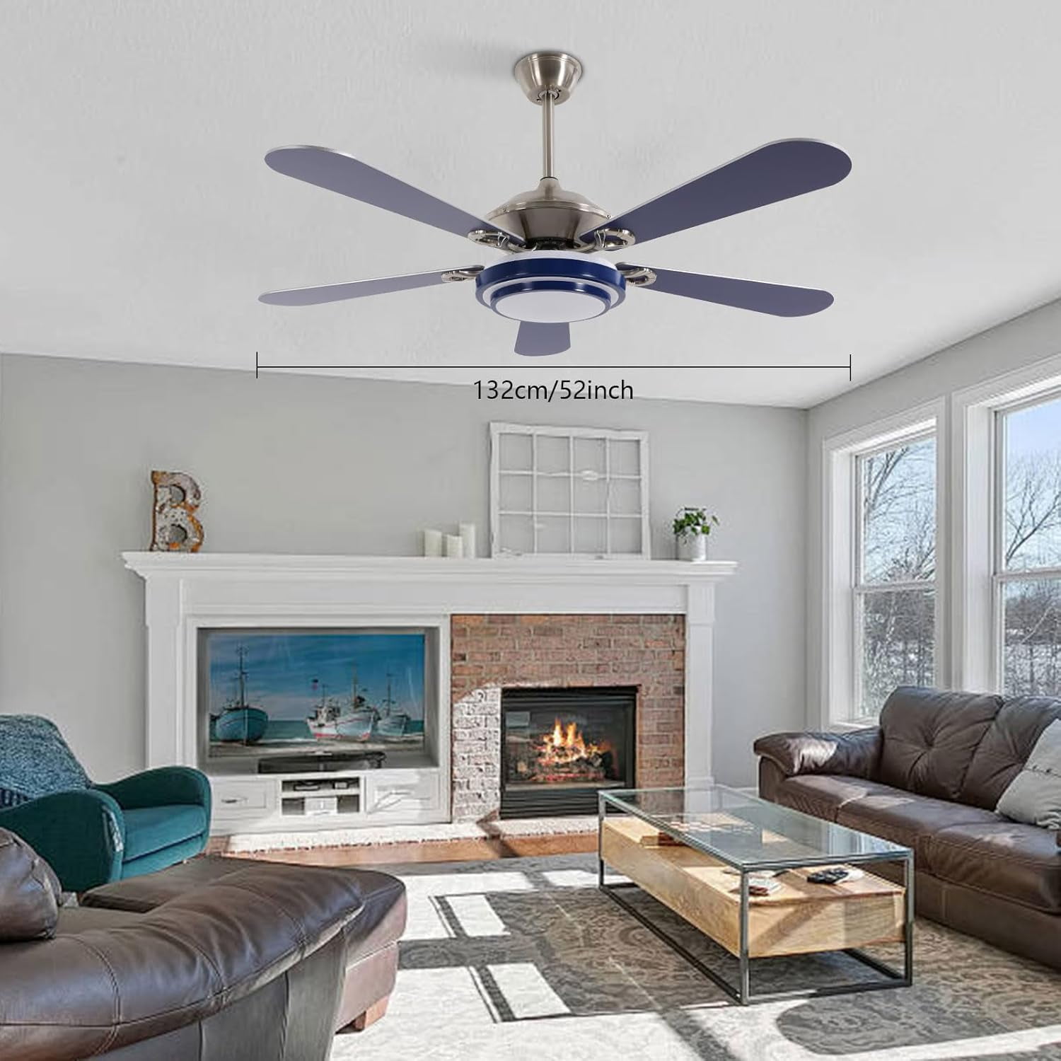 52" Ceiling Fans with Lights, Flush Mount Ceiling Fan Light with Remote Control, Reversible, Quiet, 6 Wind Speeds, Timing Function, for Bedroom Indoor Use, Blue