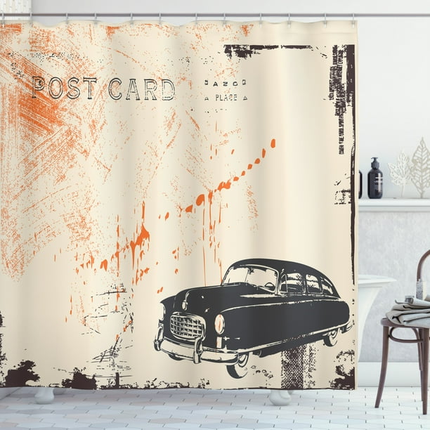 Vintage Car Shower Curtain Art With Classic Old Fashioned On The Street Postcard Style Design Fabric Bathroom Set Hooks Beige Black By Ambesonne Com Vintage Car Shower Curtain Art With, Car Shower Curtain Hooks