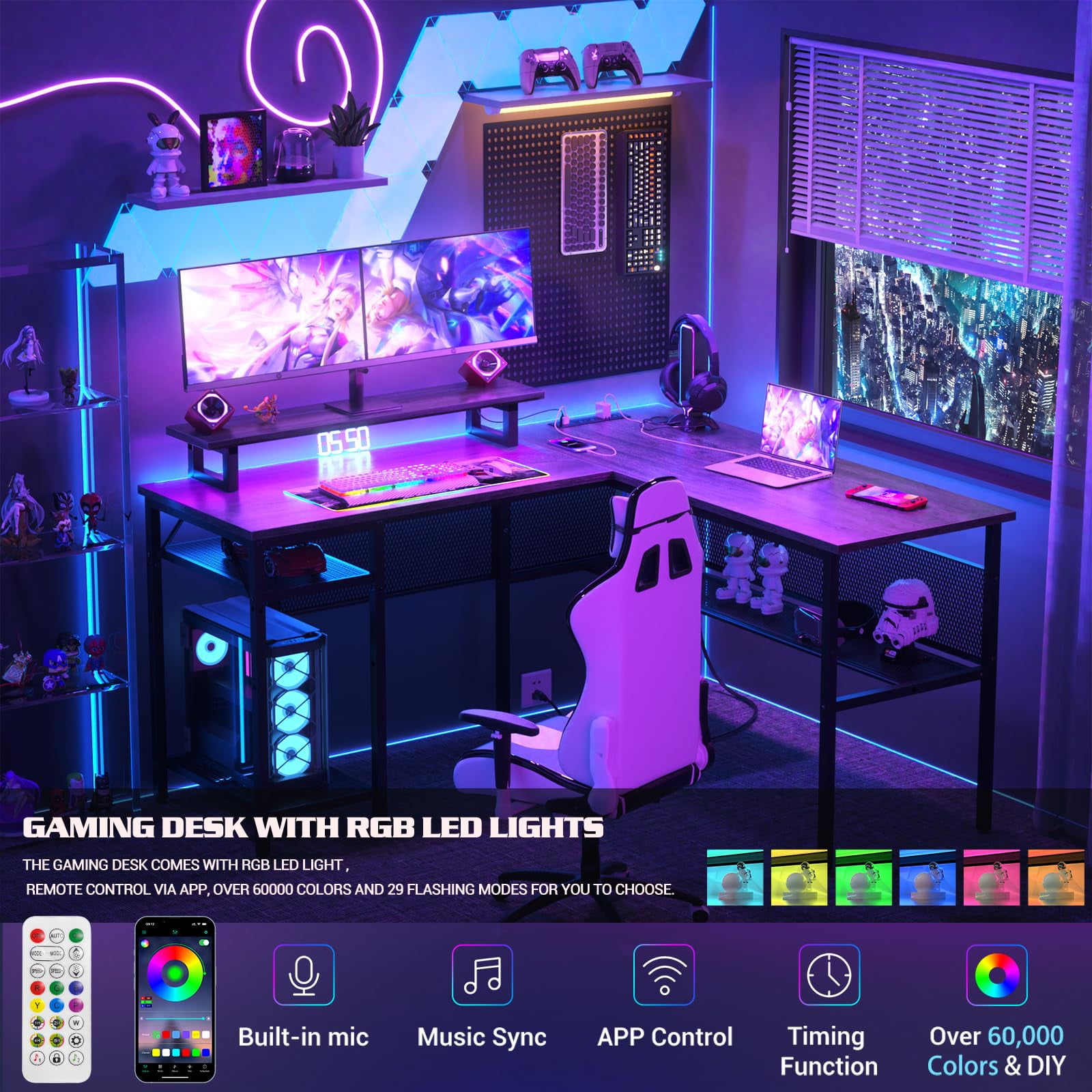 Aheaplus Reversible L Shaped Computer Desk with Power Outlet and LED Light,Black Oak