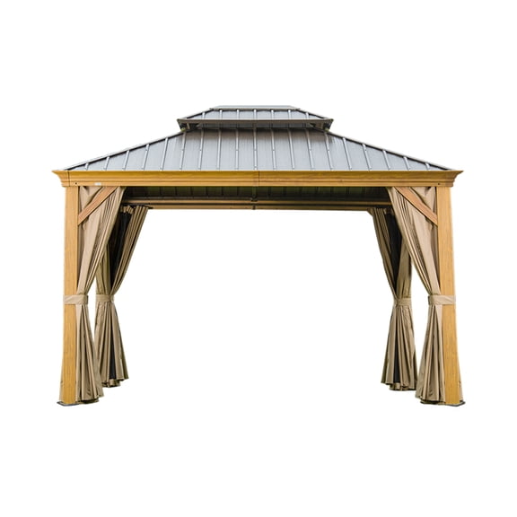 Miekor Furniture 10' X 14' Hardtop Gazebo Outdoor Metal Gazebo Canopy with Galvanized Steel Double Roof, Wood Grain Aluminum Frame, Curtains and Netting for Patio, Deck, Garden MK0375