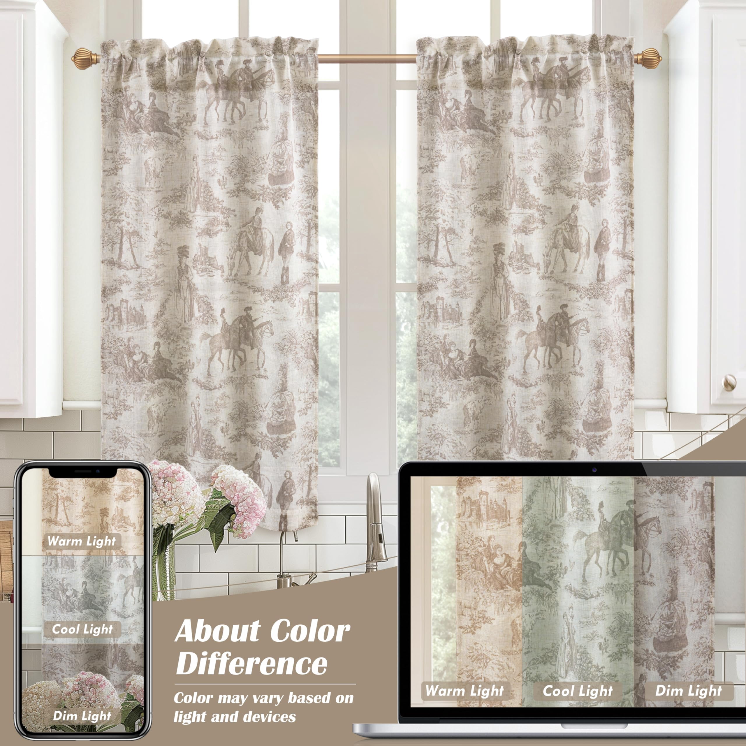 DriftAway Kitchen Curtains Toile Tier Linen Short Curtains Cafe 45 Inch Length for Living Room Bathroom Farmhouse French Country Vintage Printed Pattern Rod Pocket 2 Panels Beige
