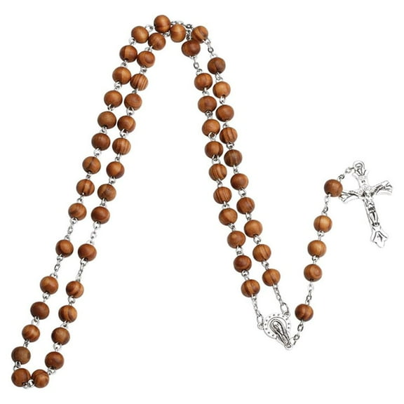 Handmade Round Bead Catholic Rosary Cross Religious Wood Beads Necklace Gift
