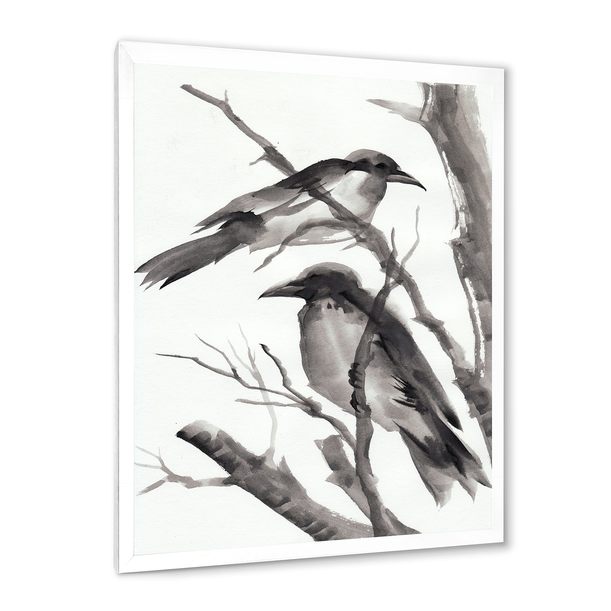Designart 'Vintage Black and White Sleeping Crows' Traditional Framed Art Print