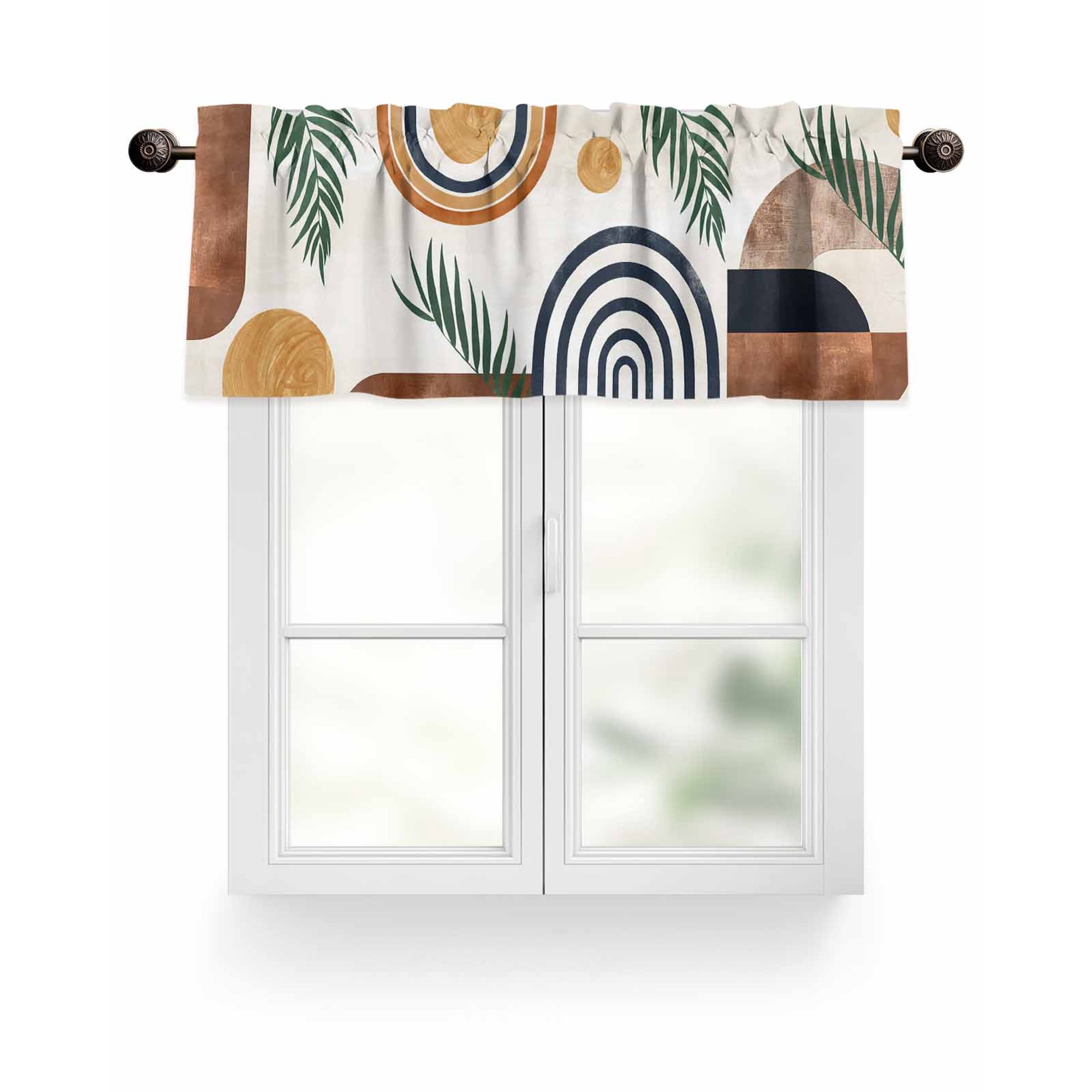 Boho Valances for Windows Leaf Geometric Neutral Mid Century Valance Rod Pocket Light Filtering Short Window Treatments Curtains for Kitchen Bathroom Living Room Bedroom, 1 Panel, 54 x 18 Inch