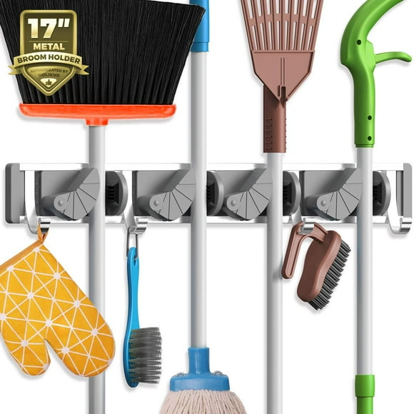 Holikme Porte-Balai Mural en Métal pour Organisation et Rangement de Garde-Manger, Organisateur d'Outils de Cuisine de Jardin, Support Mural pour Articles de Maison (4 Positions avec 4 Crochets, Argent)
