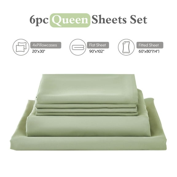 Queen sheets set 6 piece, luxury hotel bedding 1800 series microfiber, ultra soft deep pocket fitted sheet 14 inches, wrinkle free breathable, sage green