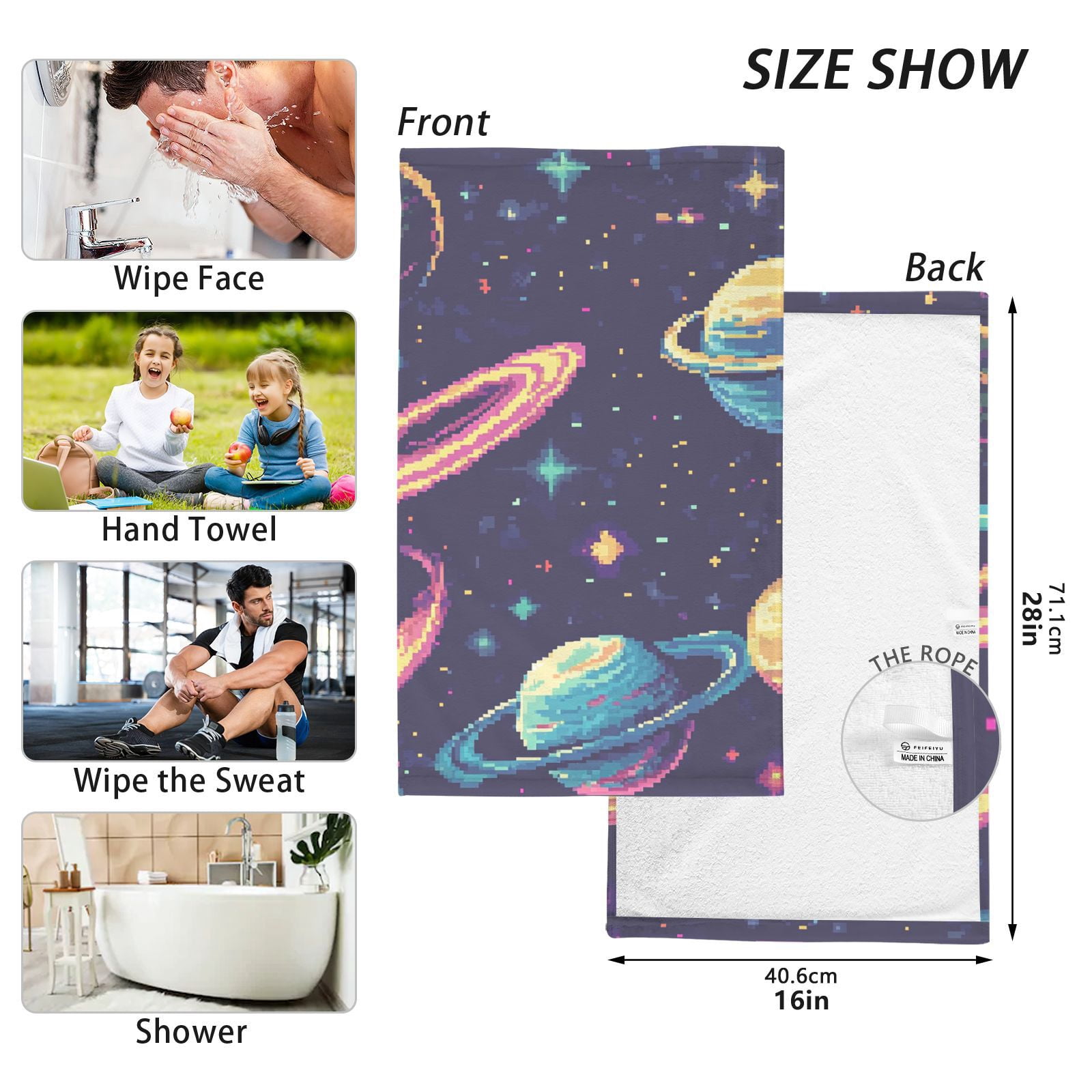 Cosmic Pixel_style Hand Towels Cotton Bath Towels Large Face Towels Absorbent for Bathroom 2 Packs