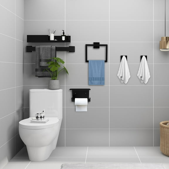 LINFANG 5Pcs Stainless Steel Bathroom Accessory Set Rust Resistant Matte Black Towel Bar Hook Set for Home Hotel