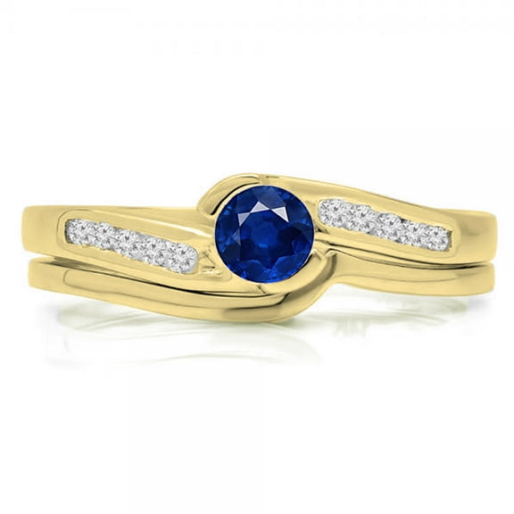 0.50 Carat (ctw) 10K Yellow Gold Round Blue Sapphire & White Diamond Ladies Bridal Engagement Ring Set Matching Band 1/2