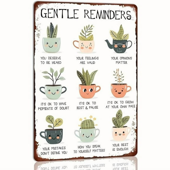 Gentle Reminders Motivational Metal Tin Sign with Cute Potted Plants Design, Inspirational Wall Decor for Home, Office, Therapy Rooms, 8x12 Inch Retro