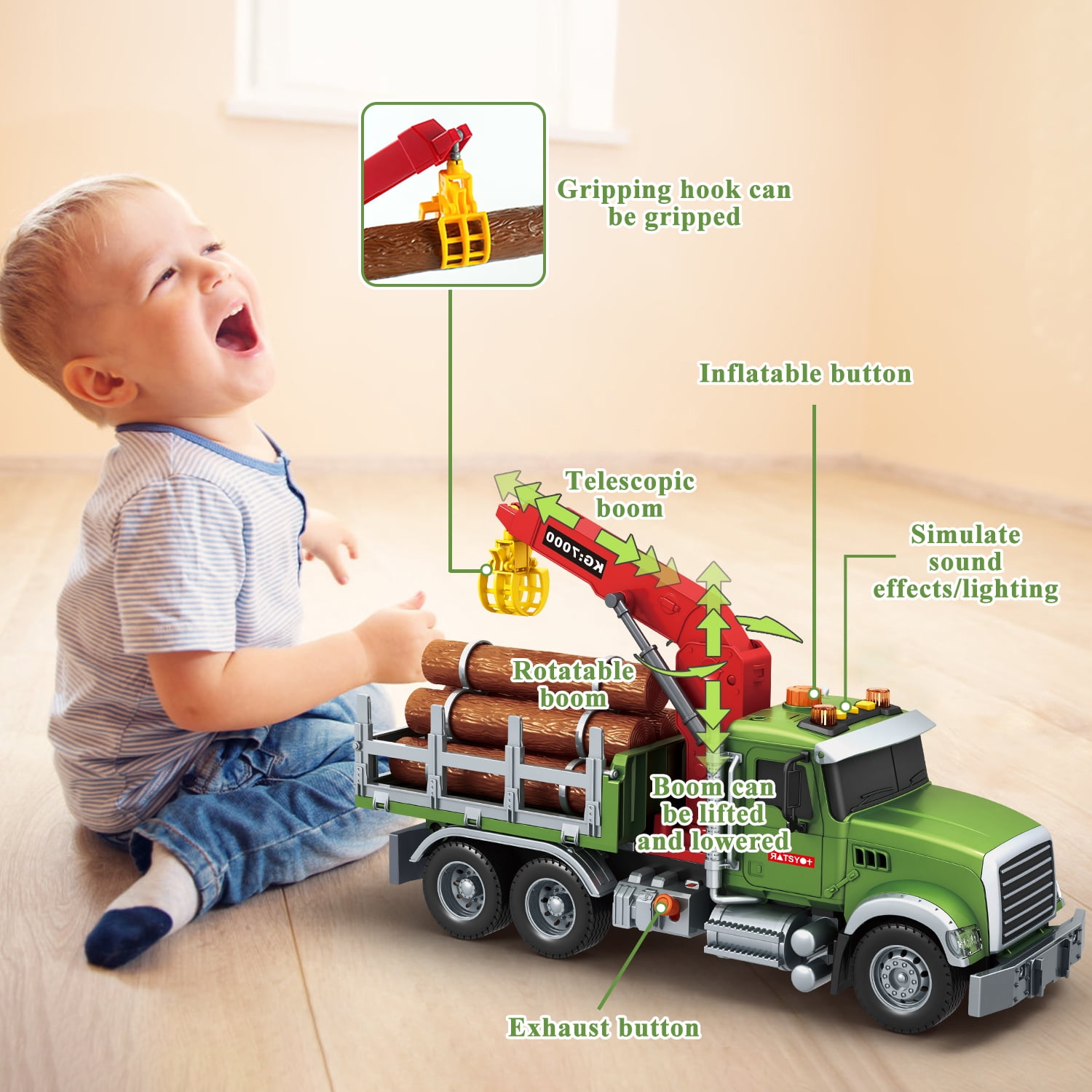 Kids Timber Truck Toy with Loading Crane, 15" Large Friction Powered Construction Truck with Lights and Sounds, Play Vehicle Toys for Kids