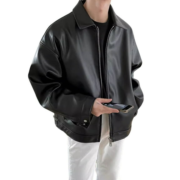 LpwkSSA Men's Leather Jacket Zip-Up Motorcycle Bomber Jackets PU leather Casual Baseball Jacket Ligthweigt Vintage Lapel Jackets Black M