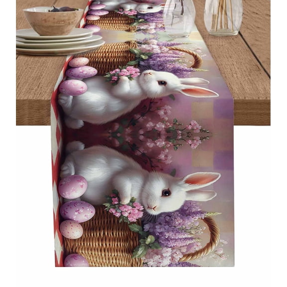 Ldtrchee Purple Easter Table Runner 36 Inches, Spring Bunny Eggs Flowers Lavender Ombre Bed Runner Dresser Scarves Tabletop for Indoor Outdoor Parties/Ceremony/Banquet, 13"x 36"