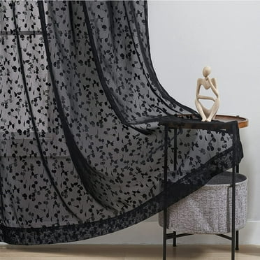 Flowpartex Black Lace Sheer Curtains 2 Panels Spring Leaf Buds Embroidered Print Rod Pocket Voile Window Drapes for Living Room, 52"W x 63"L
