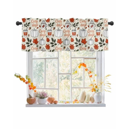 Rod Pocket Window Valances Thanksgiving Pumpkin Coffee on Linen Short Kitchen Curtains Maple Leaves Window Treatment Drapes for Bedroom Bathroom Living Room 54x18In 1 Panel