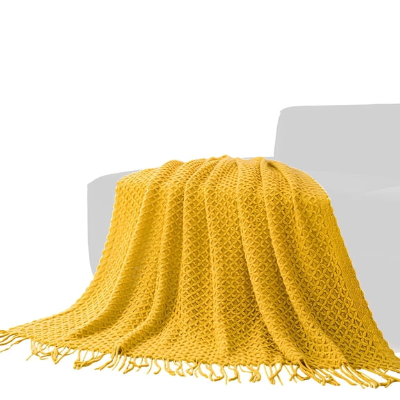 51.2 x 66.9 in / 130 x 170 cm Yellow Knitted Throw Blanket with Tassels, 3D Diamond Pattern Decorative Lightweight Farmhouse Blanket for Couch, Sofa, Bed, Home Decor