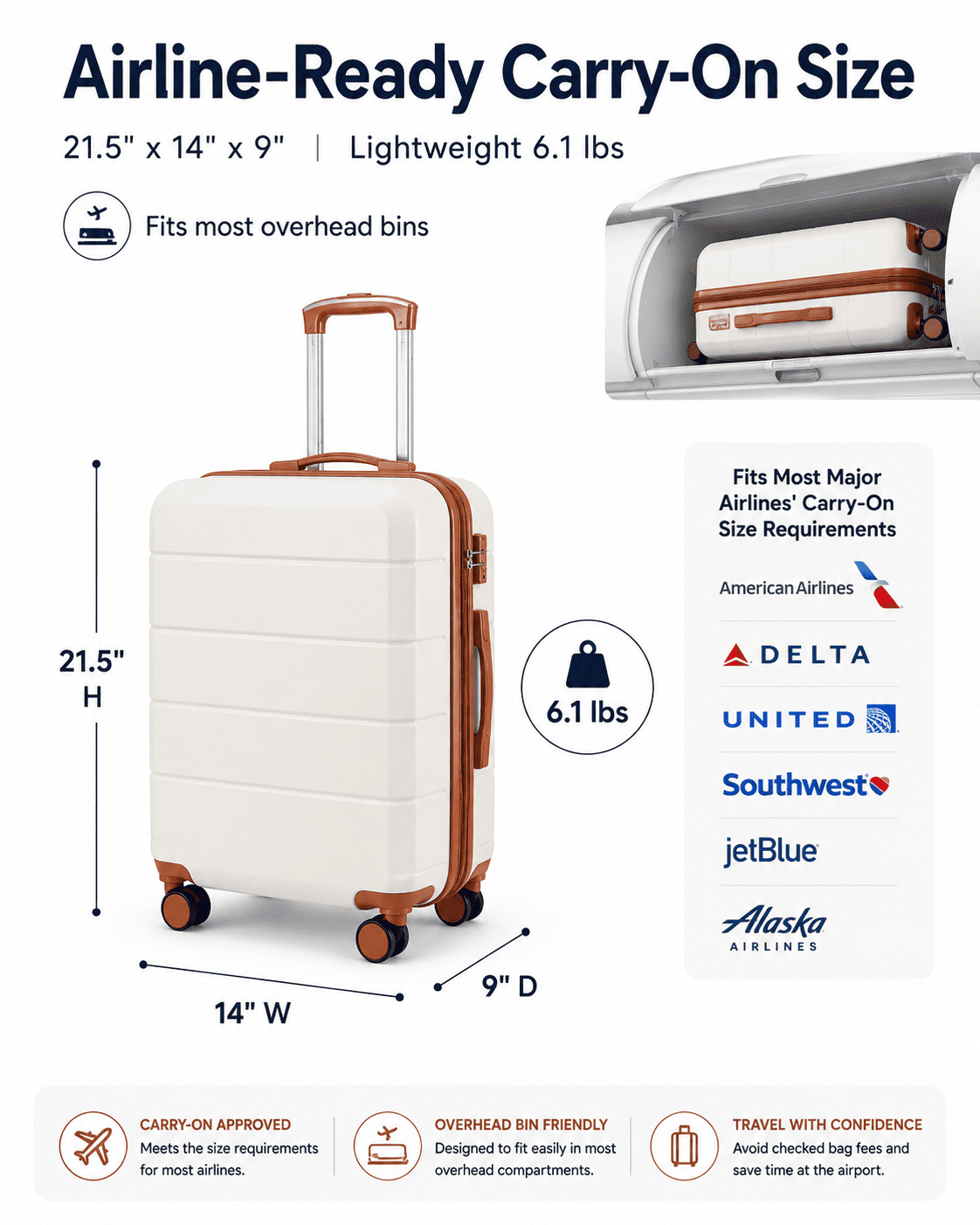 2 Piece Set Carry-on 20inch Hardside Luggage with Travel Backpack,White - EX-Lite