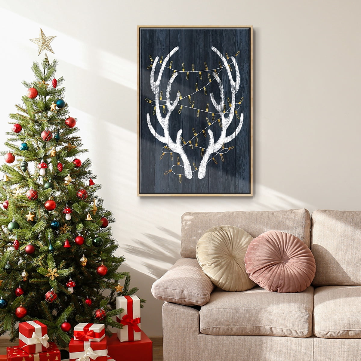 Antlers & Lights - Framed Gallery Wrapped Holiday Canvas - 25 x 37 - Natural Wood Frame