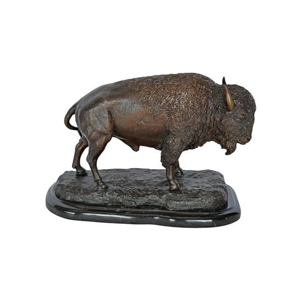 Bison standing and looking down Bronze Statue - Size: 11"L x 6"W x 8"H.