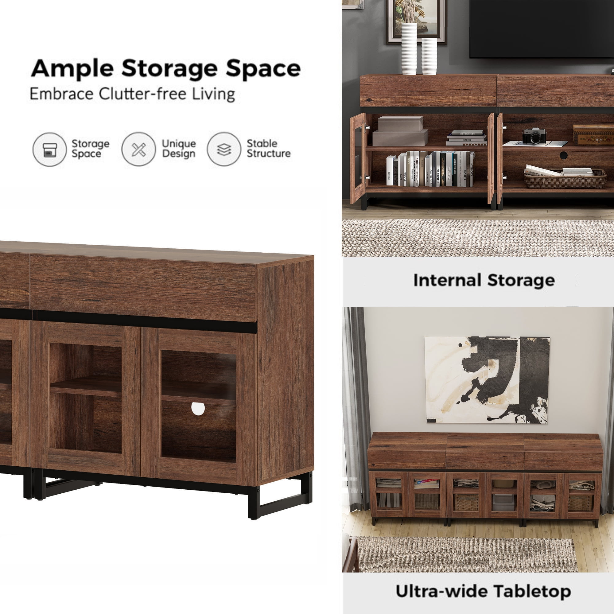 WAMPAT 3-in-1 Modern TV Stand with Glass Doors & 3 Drawers, Metal Base Entertainment Center for 110 Inch TVs, Media Console for Living Room & Bedroom