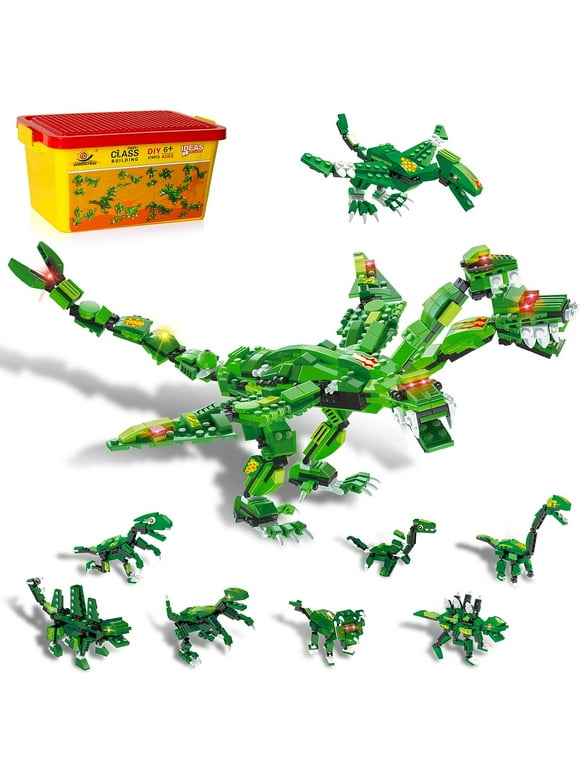 Dinosaurs Building Set Toys, 8-IN-1 Dinosaurs Building Blocks Kit with Storage Bucket, 3-headed Dinosaur STEM Toys Christmas Gifts for Boys Girls Age 6+ (876 Pieces)