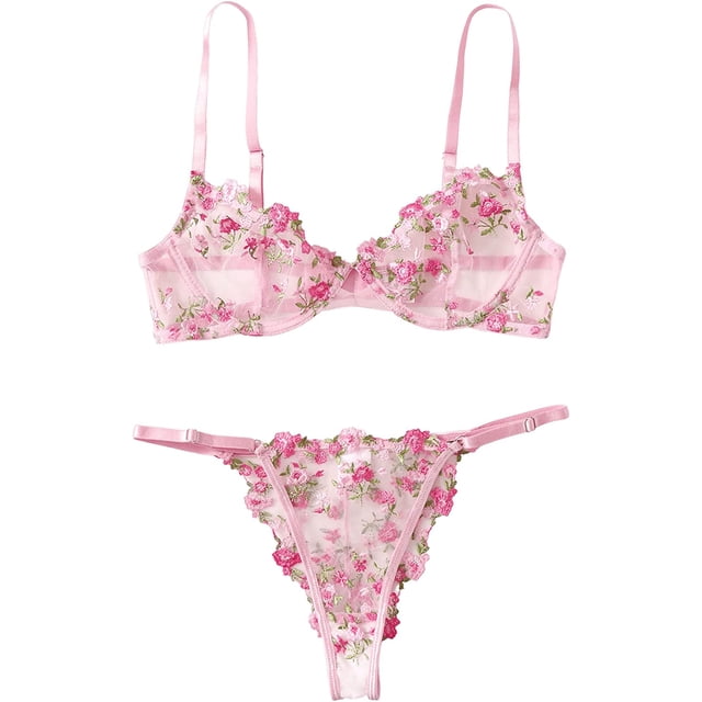 Conjunto de lencería sexy de 2 piezas con apliques de malla tanga y brasier y tangas para mujer rosado, (Pink Mesh) G rosado, (Pink Mesh) G Xishao ropa