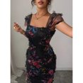 thumbnail image 4 of Black Womens Elegant Floral Mesh Ruffle Waist Midi Dress For Wedding Party Date Spring Summer, 4 of 6