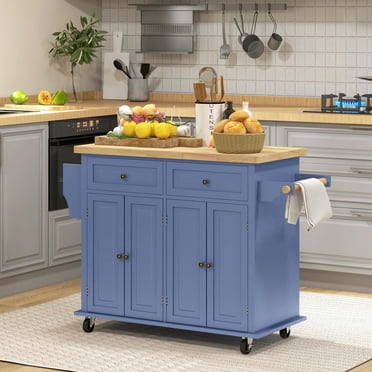 HOMCOM Kitchen Island on Wheels, Rolling Cart with Rubber Wood Top, Spice Rack, Towel Rack & Drawers for Dining Room, Navy Blue