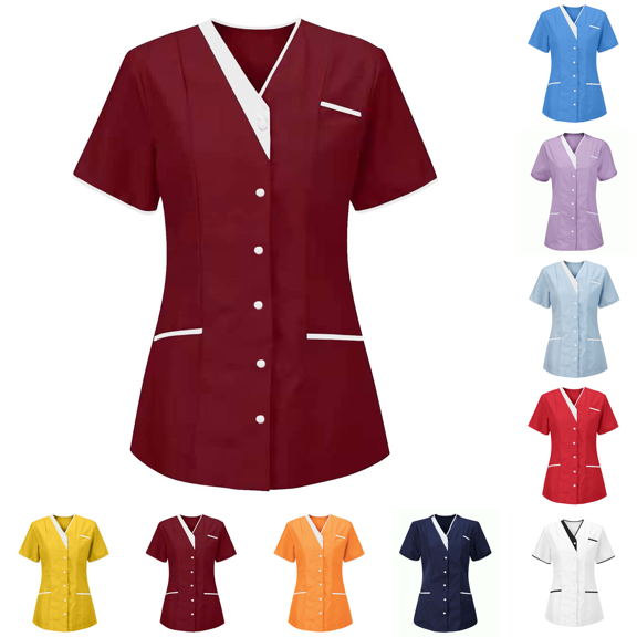 Scrubs for Women V-Neck Short Sleeve Tunic Top Workwear Snap Front Classic Shirt Medical Nursing Uniform with Multiple Pockets