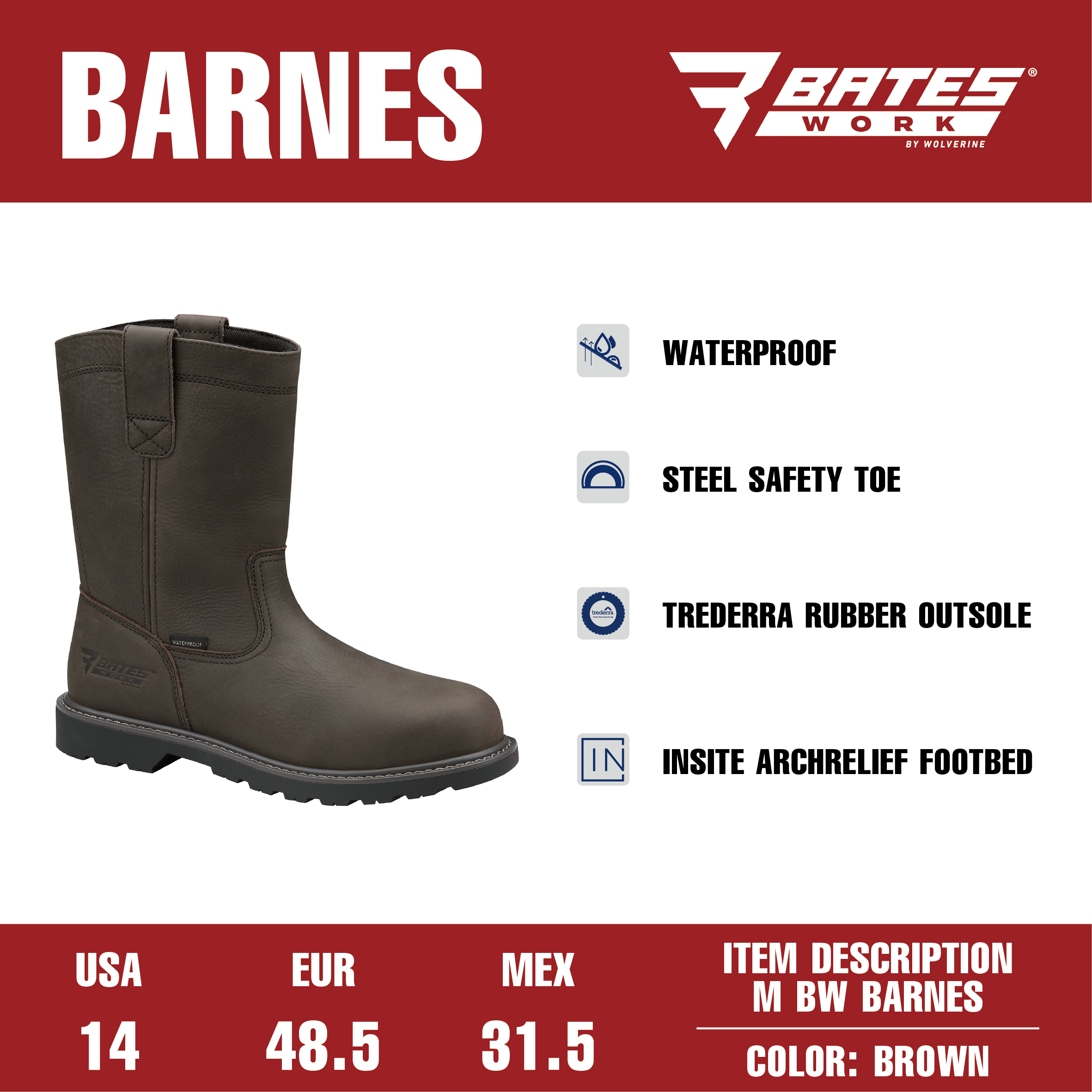 Bates Work by Wolverine Men's Barnes Waterproof Steel Pull-On Toe Work Boot
